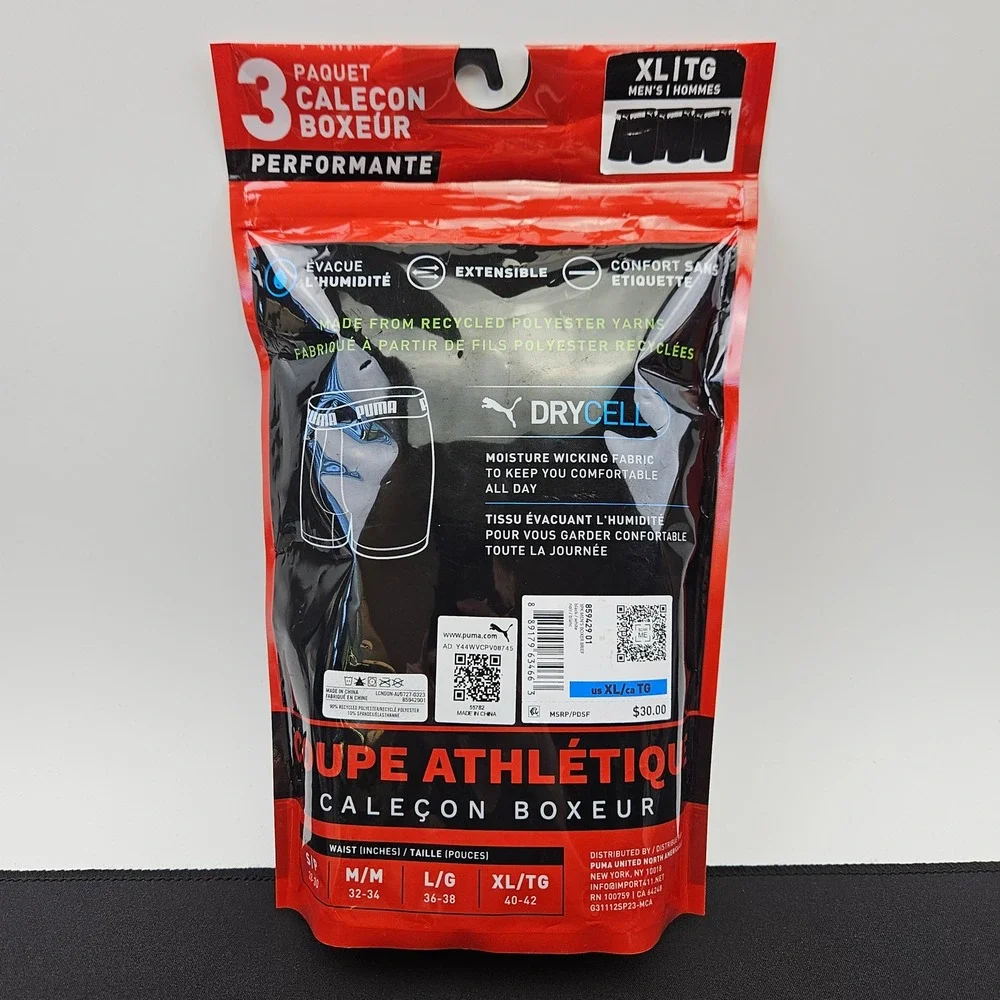 Puma Men 3 Pack Performance Athletic Fit Boxer Briefs XL Black White 859429 01